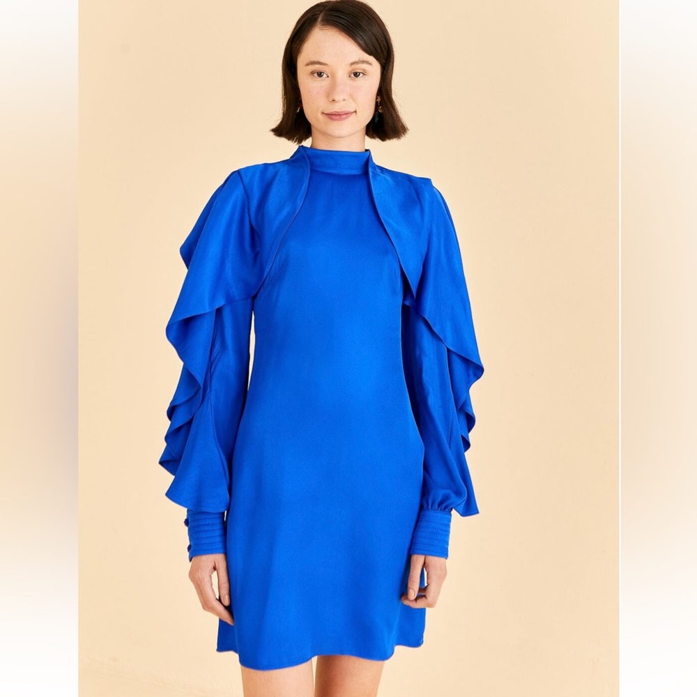 Farm Rio Bright Blue Backless Ruffle Sleeve Mini Dress